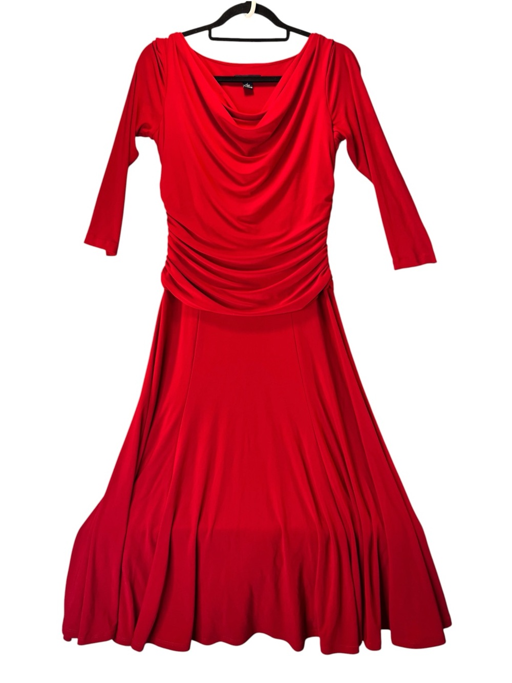 Chaps Deep Red Fit & Flare Midi Dress Small Ruched 3/4 Sleeve Classic Modest